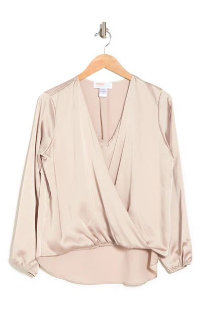 Renee C Satin Long Sleeve Surplice Top In Beige