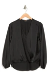 Renee C Satin Long Sleeve Surplice Top In Black