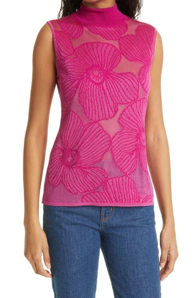 Fuzzi Mock Neck Jacquard Mesh Tank In Bouganville