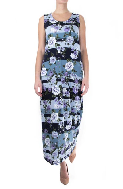 Nina Leonard Patterned Maxi Dress In Navy Ice Multi Botanical Strip