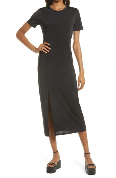 Charles Henry Front Slit Midi T-shirt Dress In Black