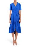London Times Stretch Eyelet Short Sleeve Ruffle Wrap Dress In Blue