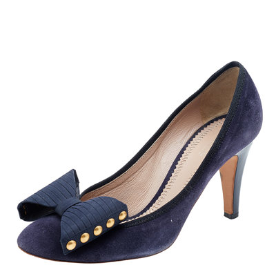 Pre-owned Chloé Navy Blue Suede Studded Bow Pumps Size 37