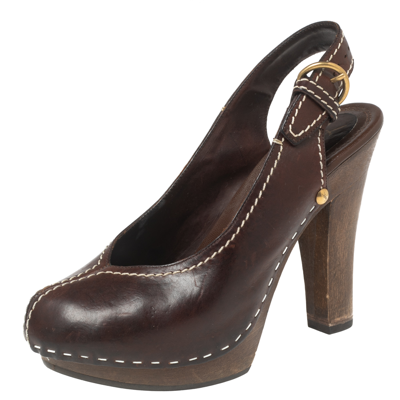 Pre-owned Saint Laurent Brown Leather Platform Slingback Sandals Size 36