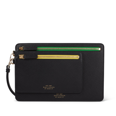 Smythson Double Zip Case With Strap In Panama In Black