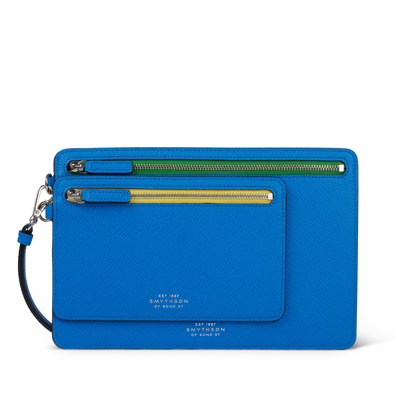 Smythson Double Zip Case With Strap In Panama In Lapis