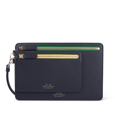 Smythson Double Zip Case With Strap In Panama In Navy