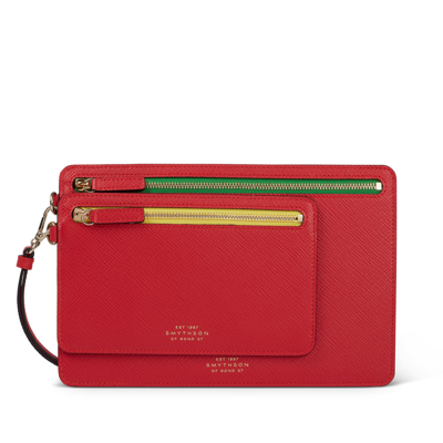 Smythson Double Zip Case With Strap In Panama In Scarlet Red