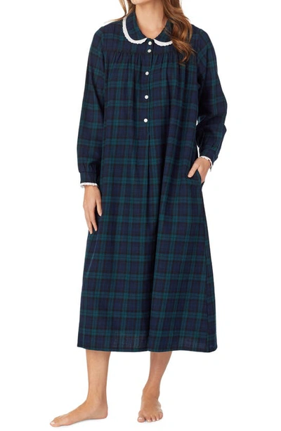 Lanz Of Salzburg Black Watch Plaid Flannel Nightgown In Navy,green Plaid