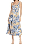 STAUD WELLS ABSTRACT PRINT STRETCH COTTON MIDI DRESS