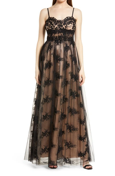 Lulus Utter Elegance Embroidered Sleeveless Lace Gown In Black