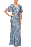 ALEX EVENINGS SEQUIN LACE COLD SHOULDER TRUMPET EVENING GOWN