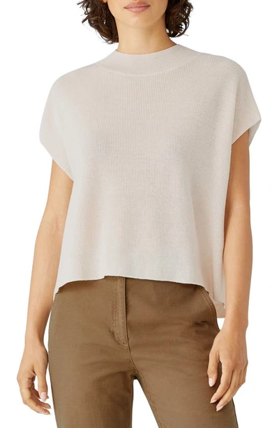Eileen Fisher Mock Neck Organic Linen & Cotton Short Sleeve Sweater In Soft White