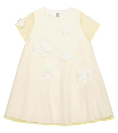 Il Gufo Kids' Floral-appliqué Dress In Acid Yellow/white