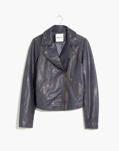 Mw Washed Leather Motorcycle Jacket: Brass Hardware Edition In Sunfaded Indigo