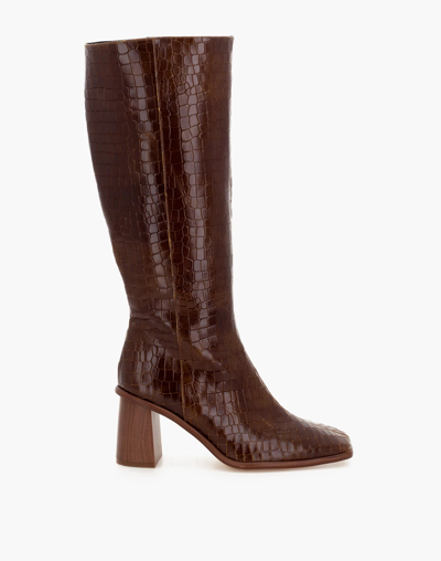 Mw Alohas Leather East Knee-high Boots In Crocodile Embossed In Brown