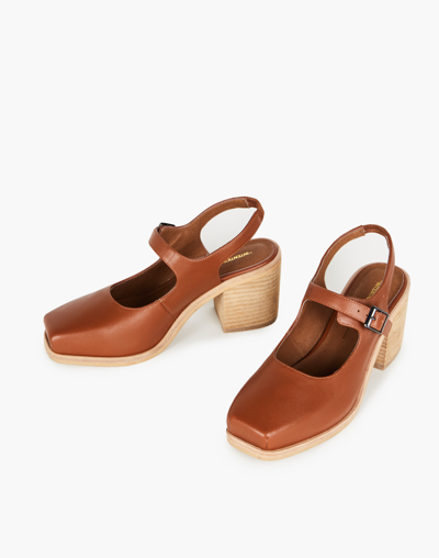 Mw Intentionally Blank Leather Office Mary Jane Slingbacks In Cognac In Caramel