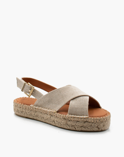 Mw Alohas Linen Crossed Platform Bicolor Espadrille Sandals In Almond