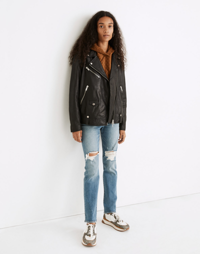 Mw Washed Leather Oversized Motorcycle Jacket In True Black