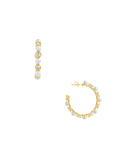 Sterling Forever Women's Theodora 14k Goldplated, Cubic Zirconia & Faux Pearl Hoops In Brass