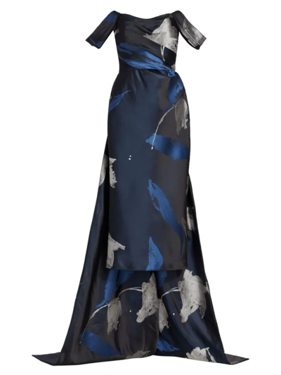 Amsale Jacquard Column Gown In Navy Multi