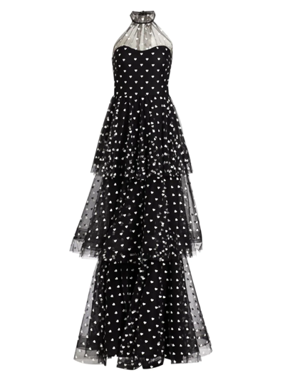 Marchesa Notte Heart-print Tiered Maxi Gown In Black