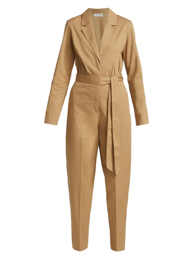 Halston Blakely Cotton-twill Belted Jumpsuit In Latte