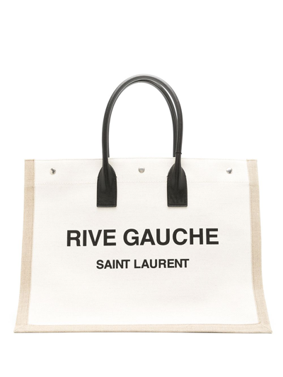 Saint Laurent Rive Gauche Linen Shopping Bag In Nude & Neutrals