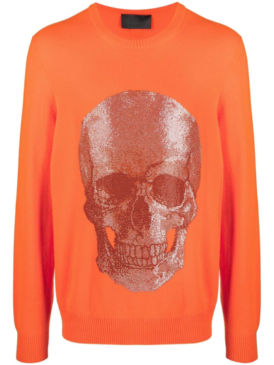 Philipp Plein Skull Print Crewneck Sweater In Orange