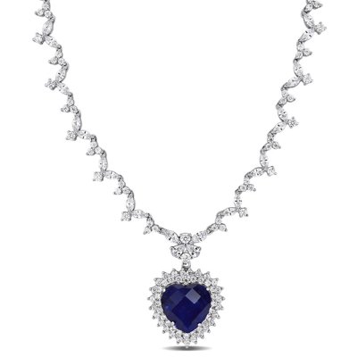 Amour Sterling Silver 47 Ct Cubic Zirconia Heart Necklace In Blue