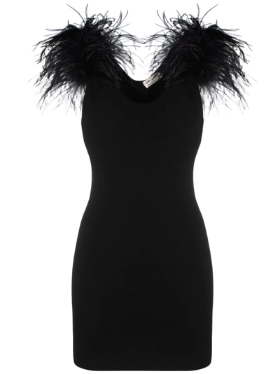 Saint Laurent Feather-embellished Wool Mini Dress In Noir