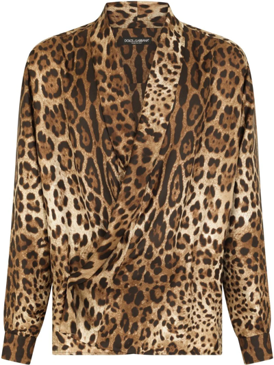 Dolce & Gabbana Leopard Print Tuxedo-style Shirt In Brown