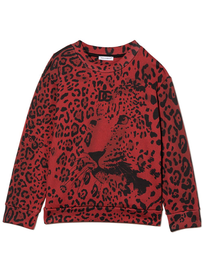 Dolce & Gabbana Kids' Leopard-print Crew-neck Sweatshirt In Red