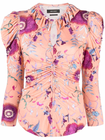 Isabel Marant Jen Floral-print Ruched Puff-sleeve Blouse In Papaya