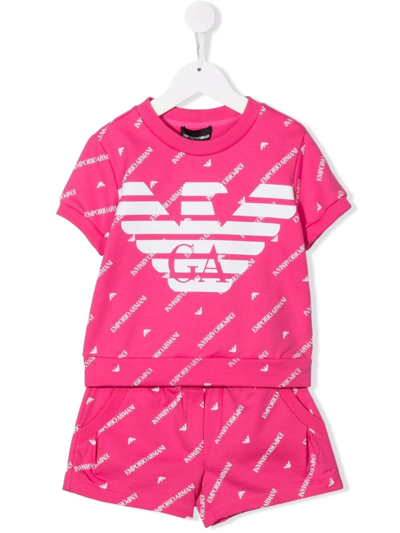 Emporio Armani Emporio Aramani Kids Girls Coordinated Pink Cotton Suit With Allover Logo Print In Fuxia