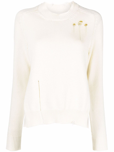 Maison Margiela Ripped-detail Knitted Jumper In White