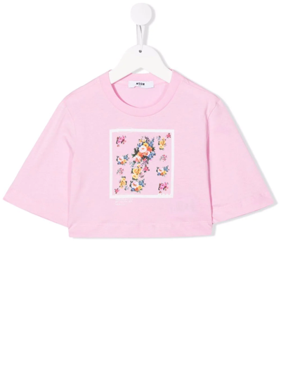 Msgm Kids' Floral-print Cotton T-shirt In Pink