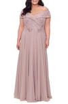 XSCAPE BEADED CHIFFON OFF THE SHOULDER GOWN
