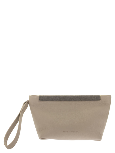 Brunello Cucinelli Soft Clutch Bag In Texture Calfskin With Precious Opening In White