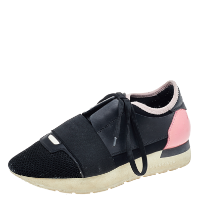 Pre-owned Balenciaga Black/pink Leather And Mesh Race Runner Sneakers Size 35