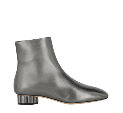 Ferragamo Ladies Briza Grey Flower Heel Metallic Ankle Boots In Grey,silver Tone