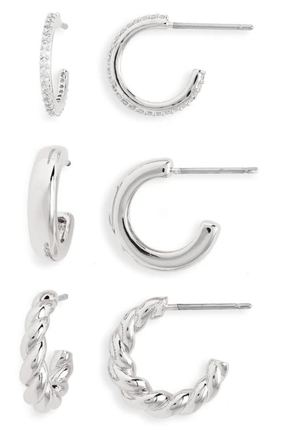 Nadri Golden Hour Pave Huggie Hoop Earrings In Rhodium Plated, Set Of 3 In Silver