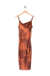 Bebe Printed Satin Bias Midi Dress In Rust