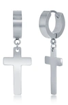 BLACKJACK STAINLESS STEEL CROSS CHARM HUGGIE DROP EARRINGS