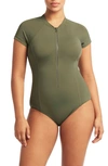 SEA LEVEL SHORT SLEEVE MULTIFIT FRONT ZIP ONE-PIECE SWIMSUIT