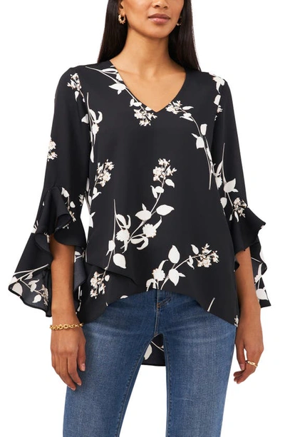 Vince Camuto Plus Size Flutter Sleeve Floral Whisps V-neck Tunic In Rich Black