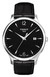 TISSOT TRADITION LEATHER STRAP WATCH, 42MM