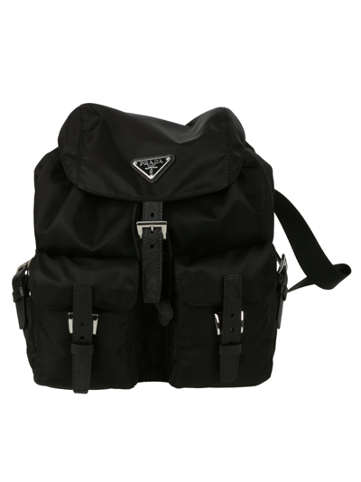 Prada Triangle Logo Patched Buckled Backpack In Nero