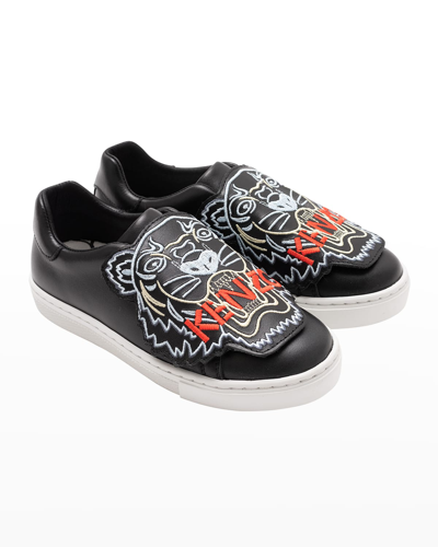 Kenzo Kids' Embroidered Leather Slip-on Sneakers In Black