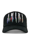 Amiri Paint Drip Embroidered Logo Trucker Hat In Black